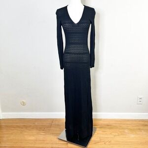 Zara Maxi Dress Black Pointelle Crochet Sheer Knit V-Neck Long Sleeve Size Small